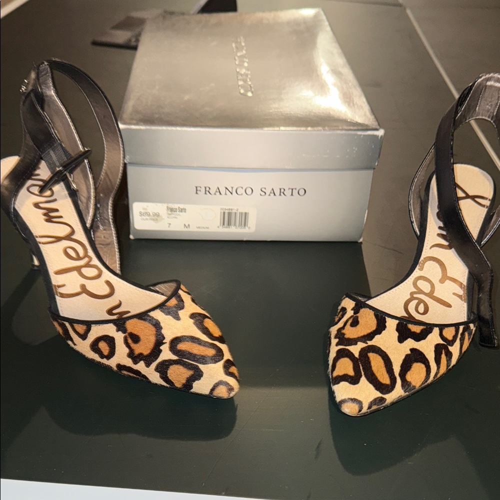 Franco Sarto Black and Tan Leopard Heels